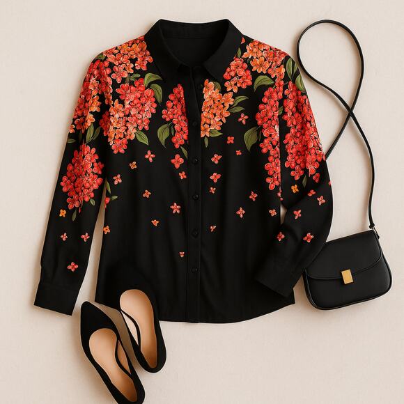 Bob Mackie Wearable Art Silk Blouse Black Floral Large - Picture 2 of 11